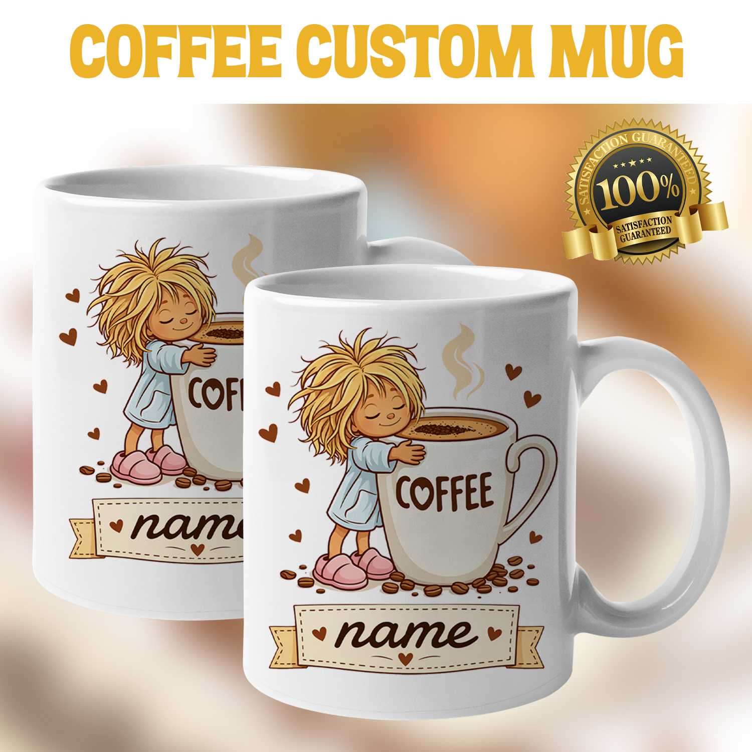 Personalised Cute Girl Hugging Coffee Cup